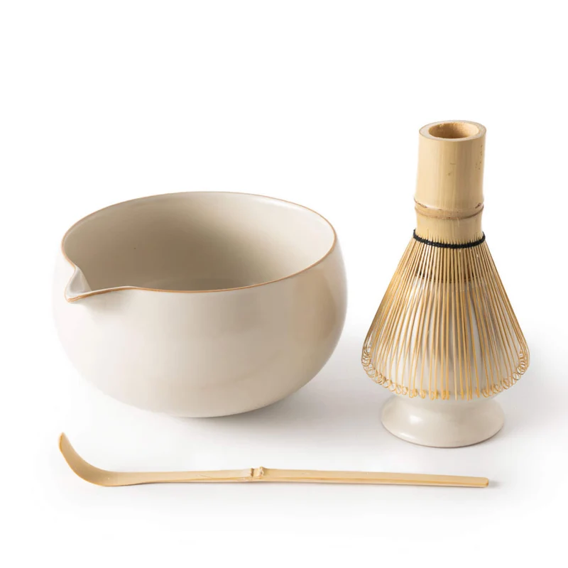 Matcha Set ELFENBEIN: Schale, Bambusbesen, Bambuslöffel & Keramik-Besenhalter