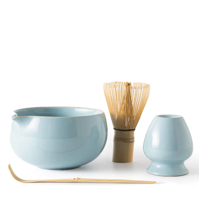Matcha Set BLAU: Schale, Bambusbesen, Bambuslöffel & Besenhalter