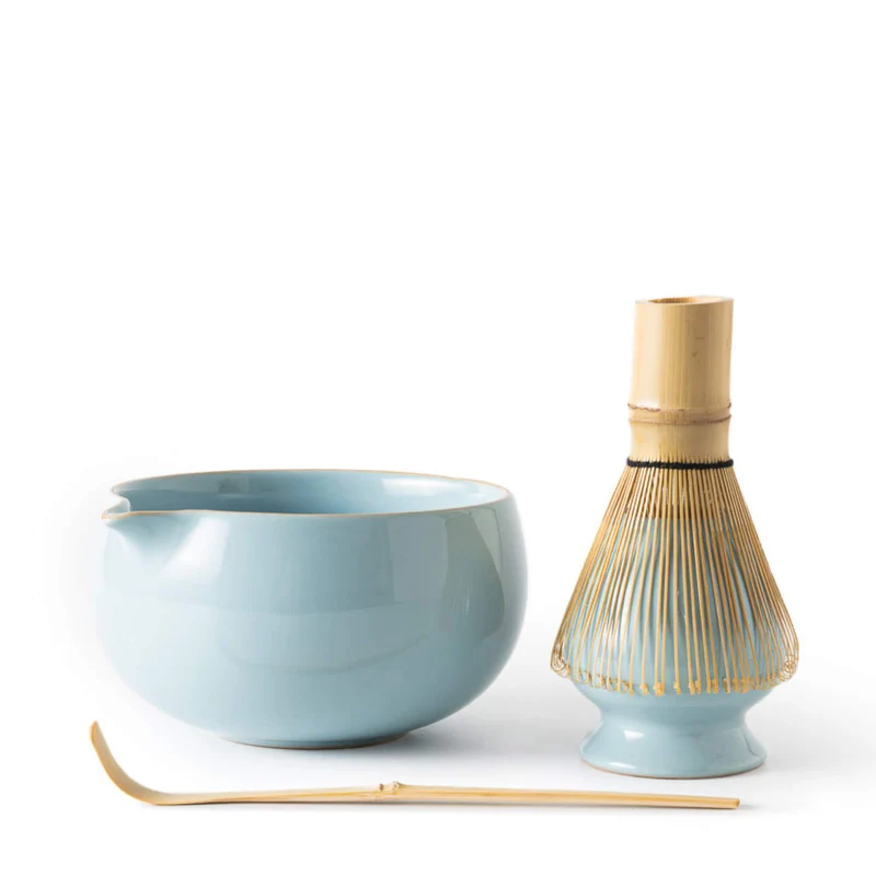 Matcha Set BLAU: Schale, Bambusbesen, Bambuslöffel & Besenhalter