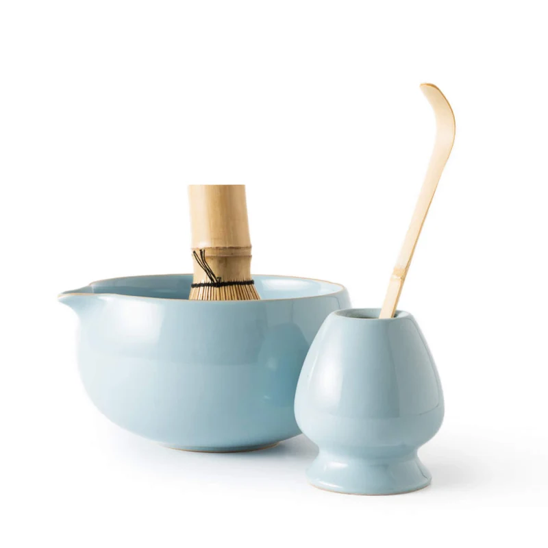 Matcha Set BLAU: Schale, Bambusbesen, Bambuslöffel & Besenhalter