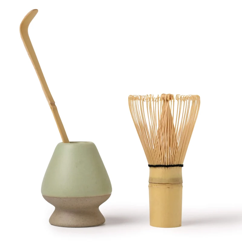 Matcha Set SALBEI: Bambusbesen, Bambuslöffel & Keramik-Besenhalter