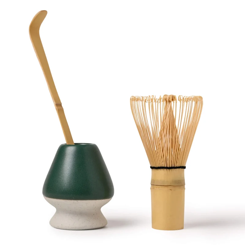 Matcha Set GRÜN: Bambusbesen, Bambuslöffel & Keramik-Besenhalter
