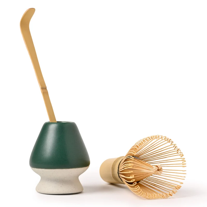 Matcha Set GRÜN: Bambusbesen, Bambuslöffel & Keramik-Besenhalter