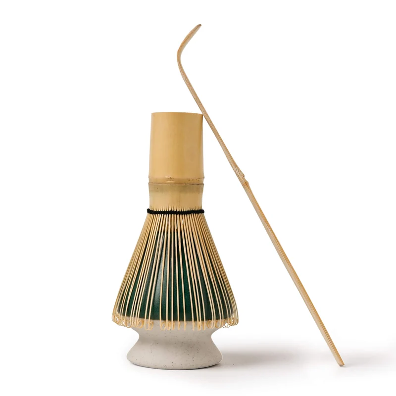 Matcha Set GRÜN: Bambusbesen, Bambuslöffel & Keramik-Besenhalter