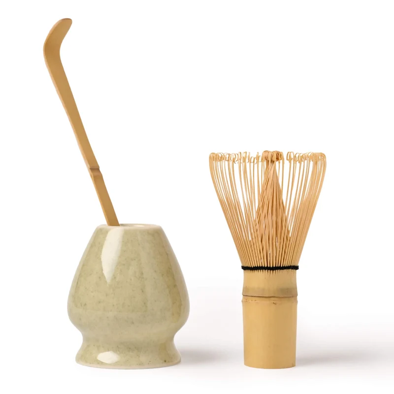 Matcha Set SEEGRAS: Bambusbesen, Bambuslöffel & Keramik-Besenhalter