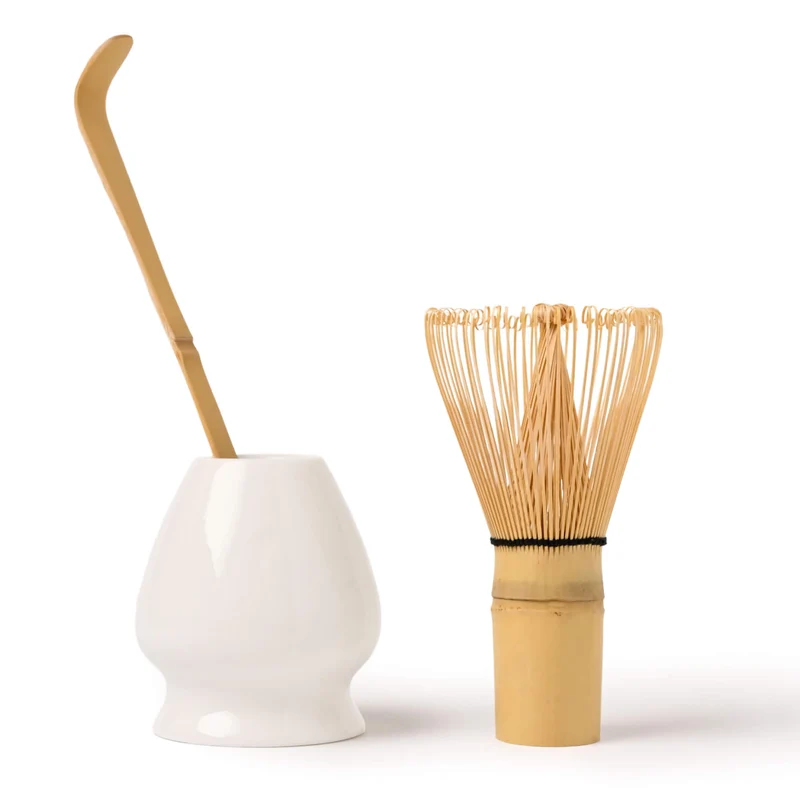 Matcha Set WEISS: Bambusbesen, Bambuslöffel & Keramik-Besenhalter