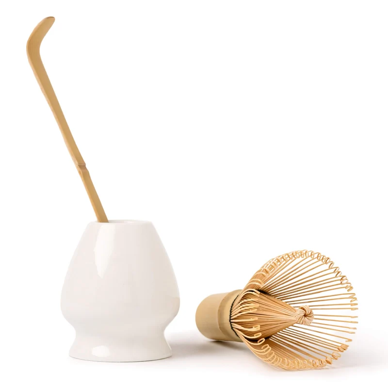 Matcha Set WEISS: Bambusbesen, Bambuslöffel & Keramik-Besenhalter