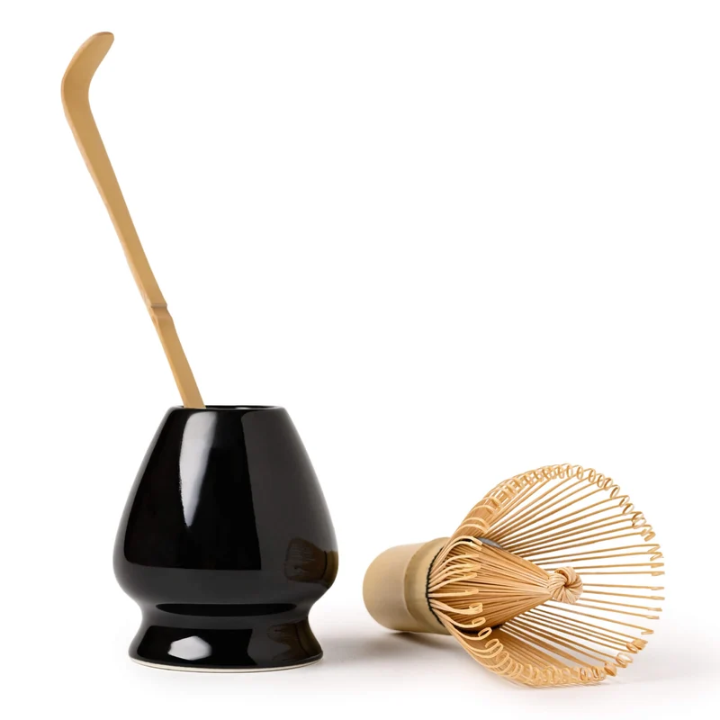 Matcha Set SCHWARZ: Bambusbesen, Bambuslöffel & Keramik-Besenhalter
