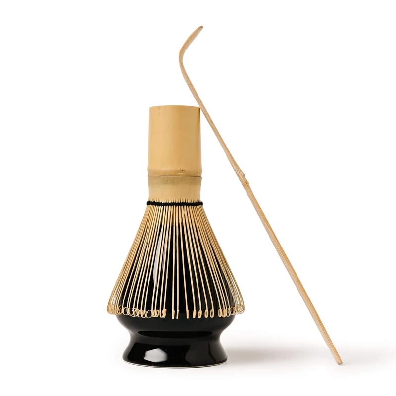 Matcha Set SCHWARZ: Bambusbesen, Bambuslöffel & Keramik-Besenhalter