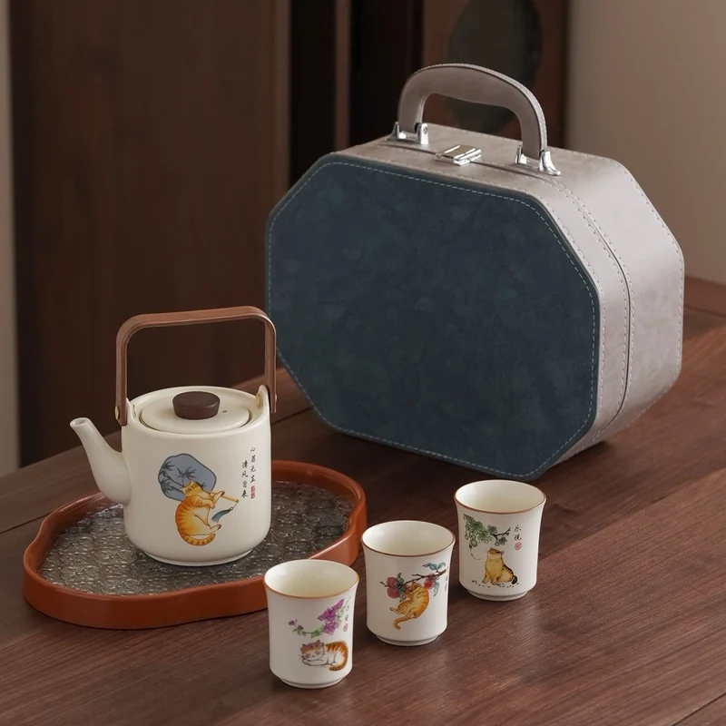 Lazy Cat - Ru Kiln Clay Big Teapot Journey Set