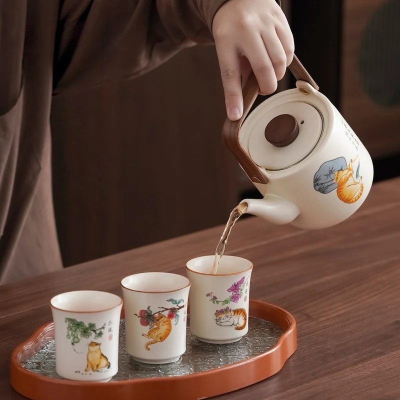 Lazy Cat - Ru Kiln Clay Big Teapot Journey Set