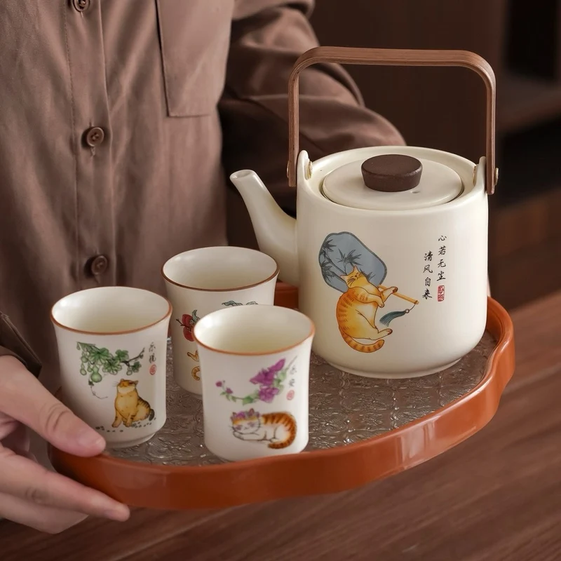 Lazy Cat - Ru Kiln Clay Big Teapot Journey Set