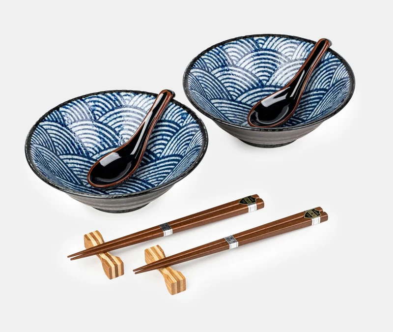 Japanese Noodle Bowl & Spoon Set - Seikaiha