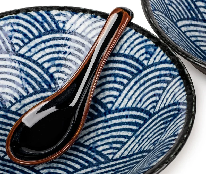 Japanese Noodle Bowl & Spoon Set - Seikaiha