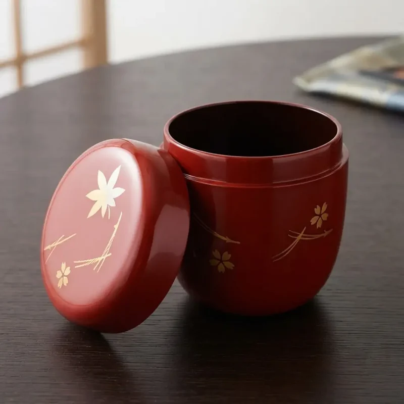 Natsume Lacquered Tea Caddy Canister Maple & Sakura Vermilion Red