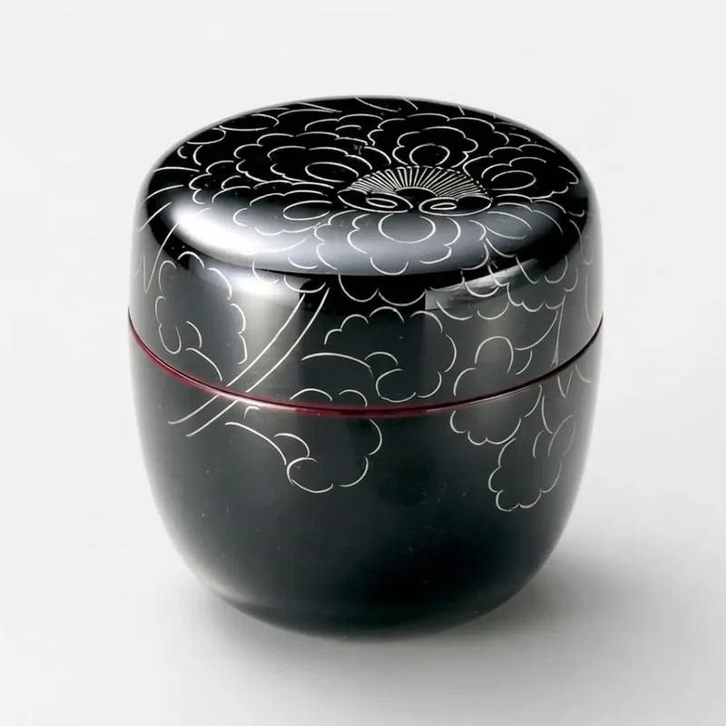 Natsume Lacquered Tea Caddy Canister Platinum Peony Design Black