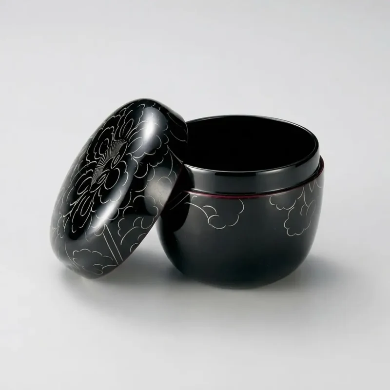 Natsume Lacquered Tea Caddy Canister Platinum Peony Design Black