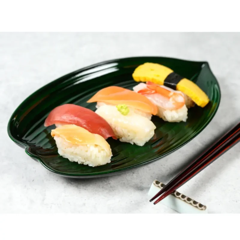 Lacquered Serving Dish Sushi Plate Bamboo Leaf Design Green