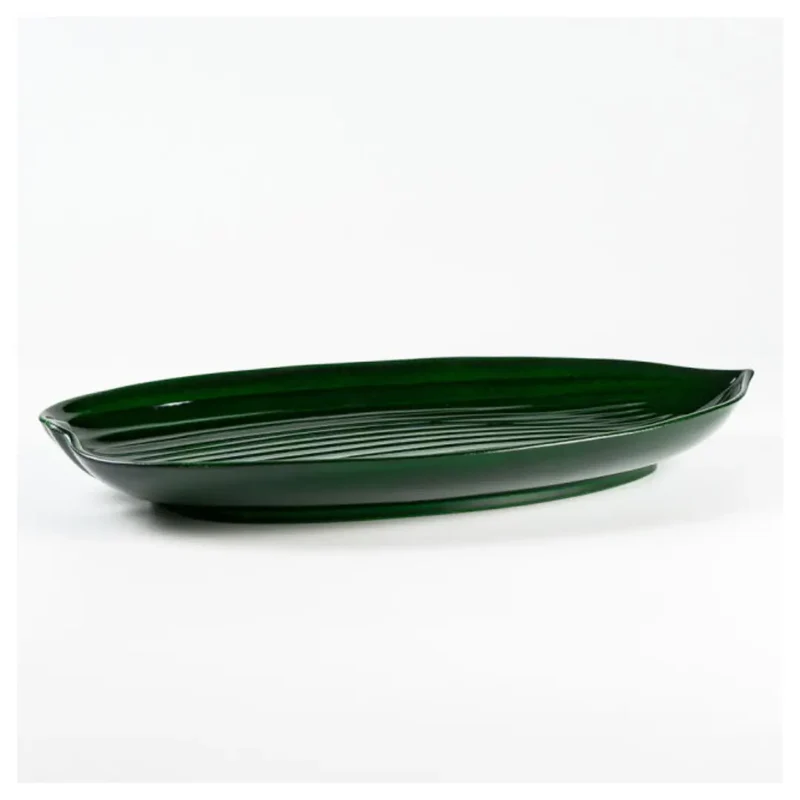 Lacquered Serving Dish Sushi Plate Bamboo Leaf Design Green