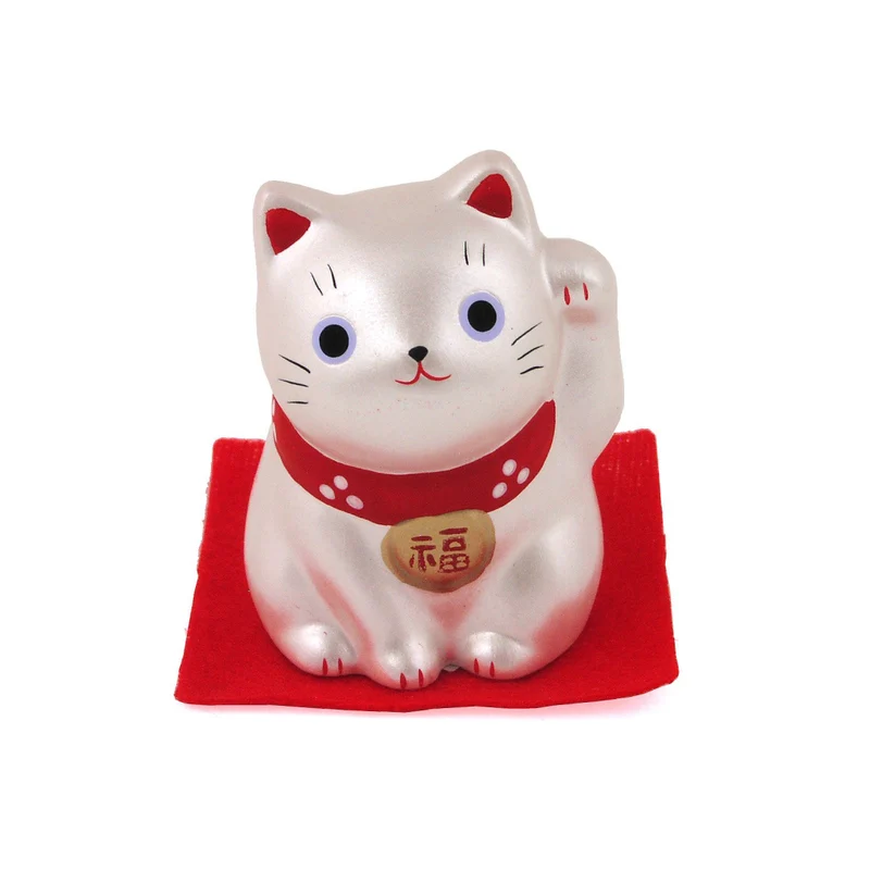 Handmade Japanese Maneki Neko Lucky Cat Small Ceramic Figurine Silver 5.5cm