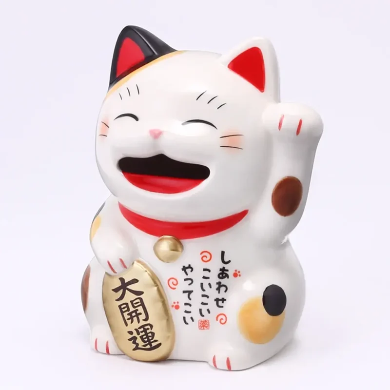 Handmade Japanese Maneki Neko Happy Lucky Cat Ceramic Coin Bank 11cm