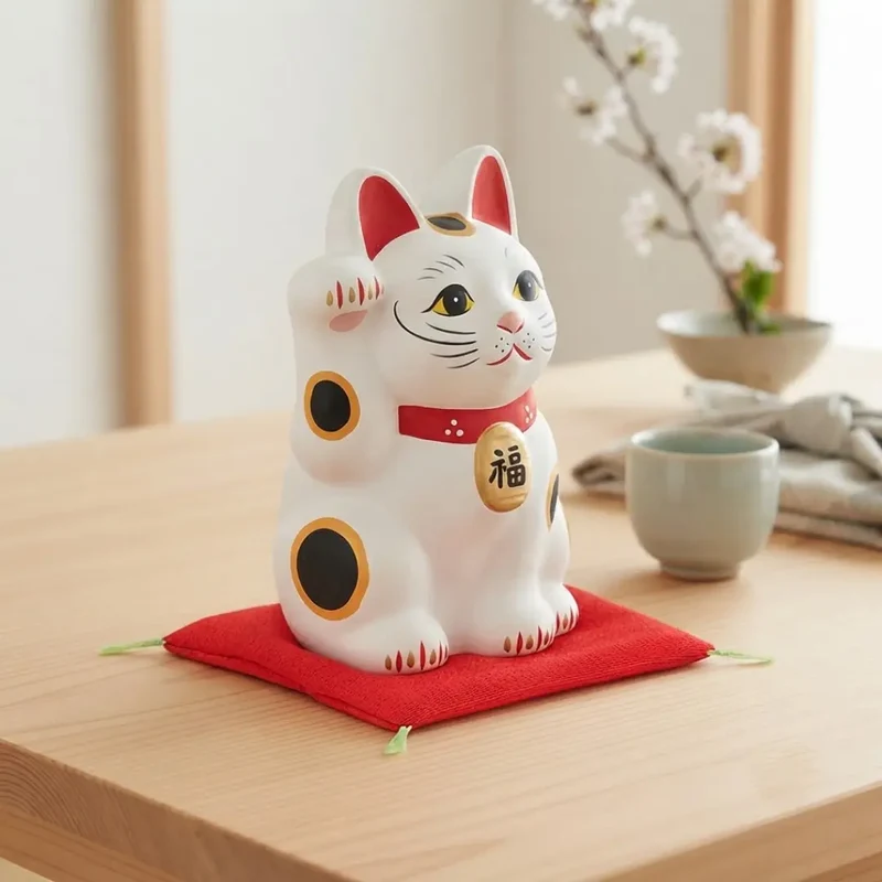 Handmade Japanese Maneki Neko Lucky Cat Ceramic Figurine White 12.5cm
