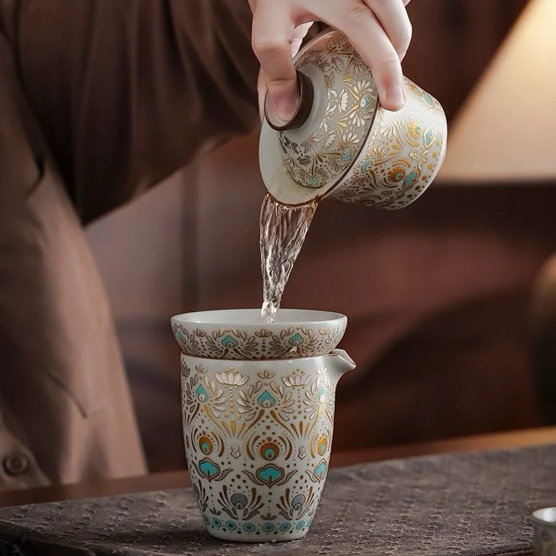 Himmlischer Glanz – Premium Ru Kiln Teekanne und Gaiwan Komplettes Teeset