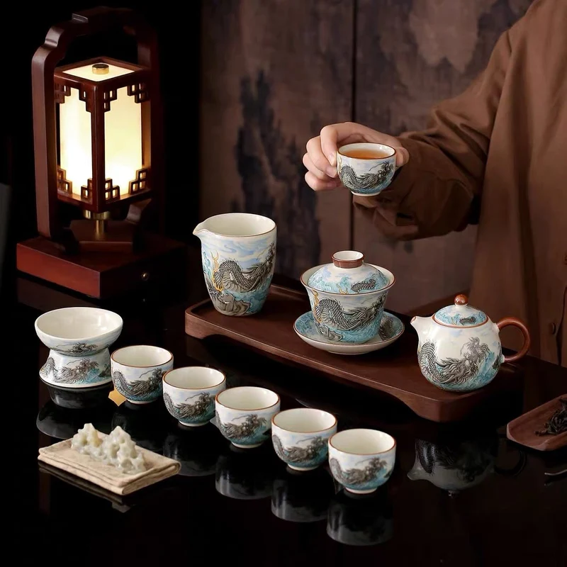 Ocean Dragon – Premium Ru Kiln Teekanne und Gaiwan Komplettes Teeset
