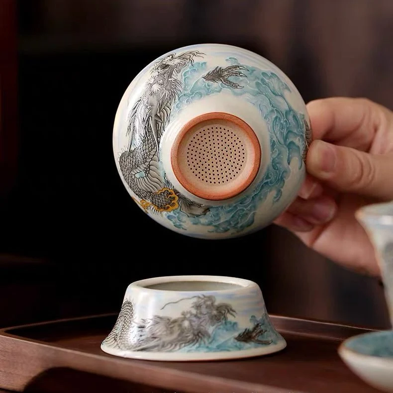 Ocean Dragon – Premium Ru Kiln Teekanne und Gaiwan Komplettes Teeset