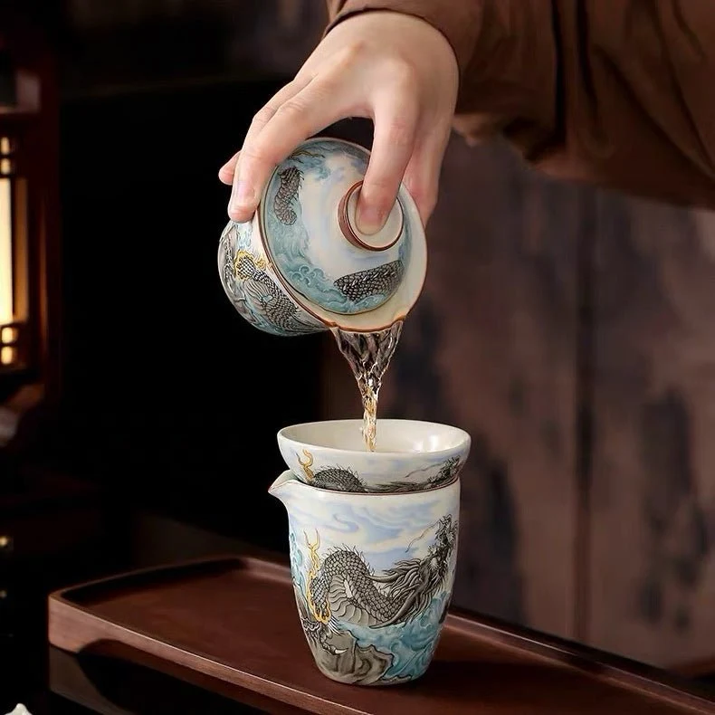 Ocean Dragon – Premium Ru Kiln Teekanne und Gaiwan Komplettes Teeset