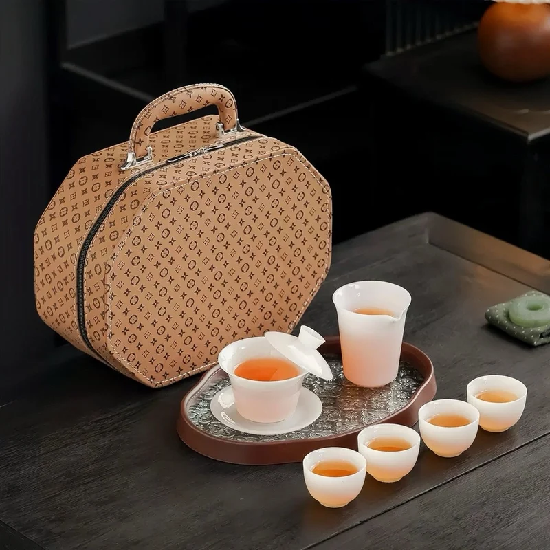 Tragbares Premium-Reiseset aus weißem, eisgekühltem Jade-Porzellan (Gongfu Gaiwan)