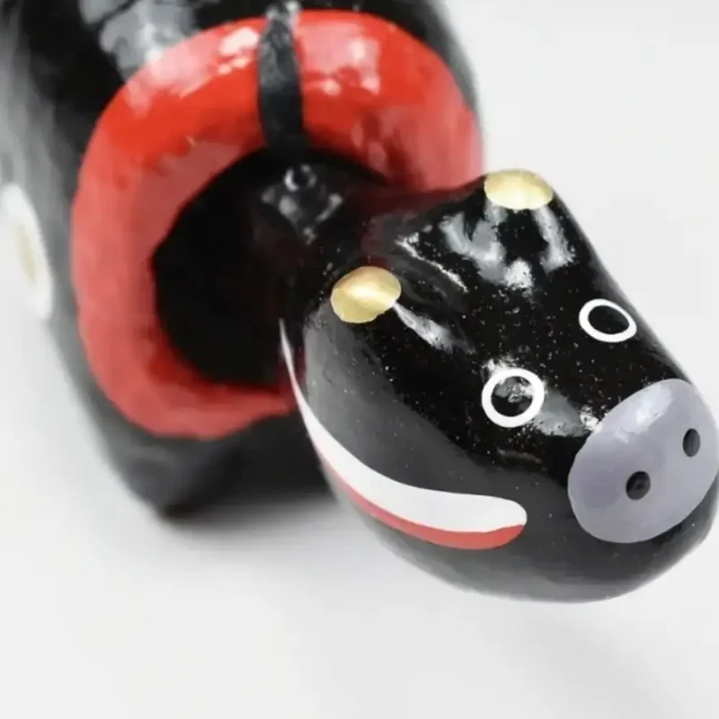 Akabeko Black Zodiac Ox Lucky Cow Figurine Handcrafted Toy Ornament