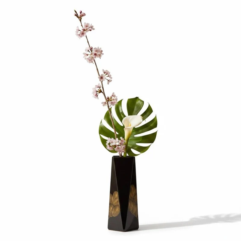 Unique Black Lacquered Wooden Flower Vase With Gold Pine Pattern