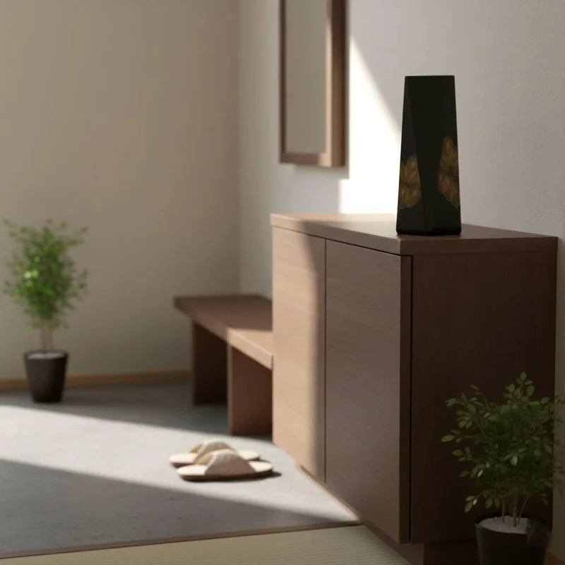 Unique Black Lacquered Wooden Flower Vase With Gold Pine Pattern