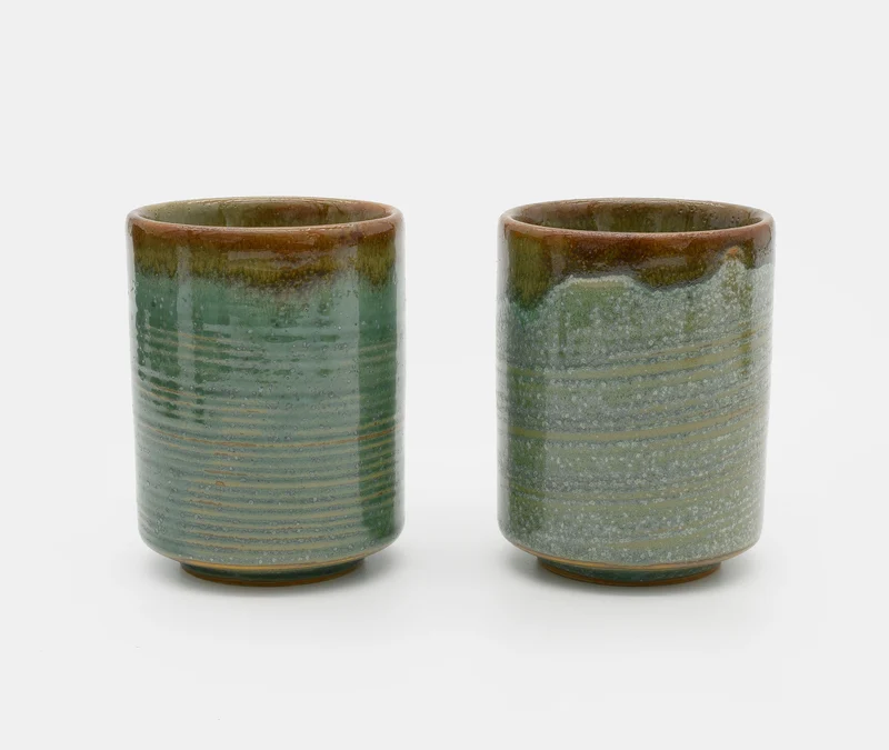 Green & Orange Ringed Glaze Cup - Pair