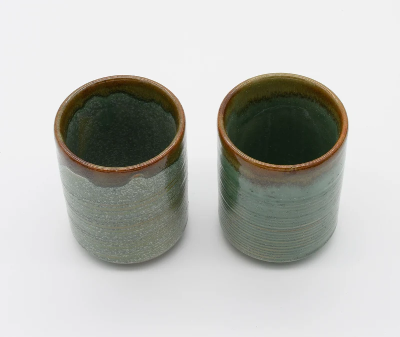 Green & Orange Ringed Glaze Cup - Pair