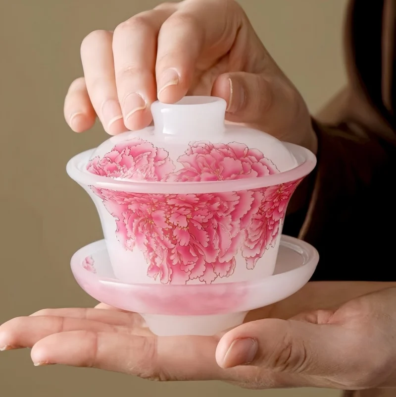 Rote Pfingstrose Liuli Gaiwan mit zwei Teetassen, 3er-Set in einer Geschenkbox