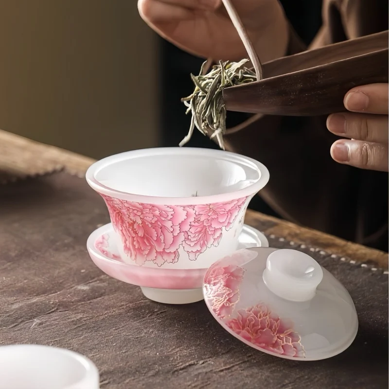 Rote Pfingstrose Liuli Gaiwan mit zwei Teetassen, 3er-Set in einer Geschenkbox