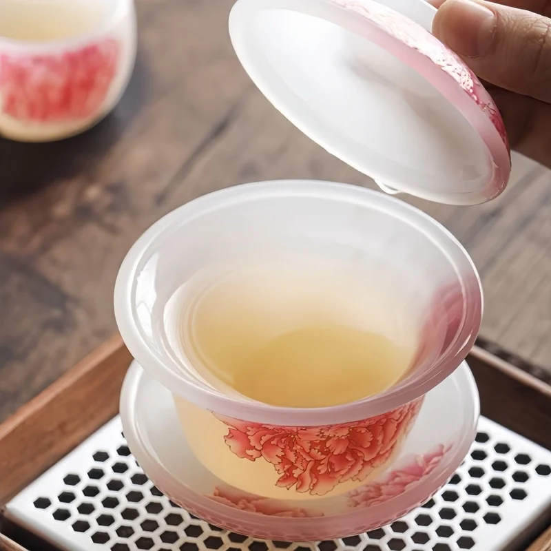 Rote Pfingstrose Liuli Gaiwan mit zwei Teetassen, 3er-Set in einer Geschenkbox