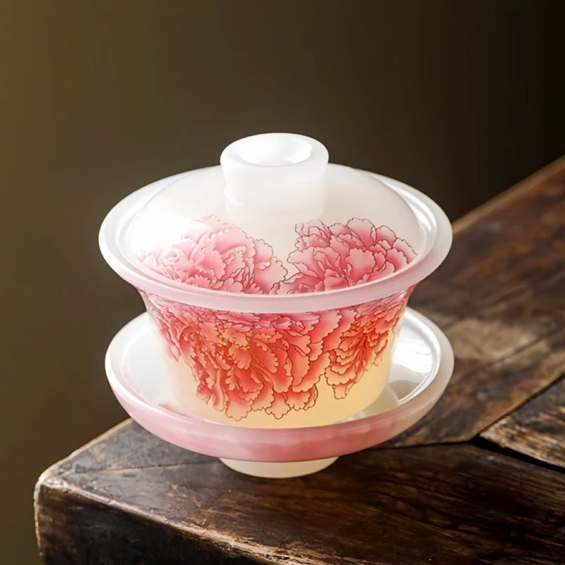 Rote Pfingstrose Liuli Gaiwan mit zwei Teetassen, 3er-Set in einer Geschenkbox