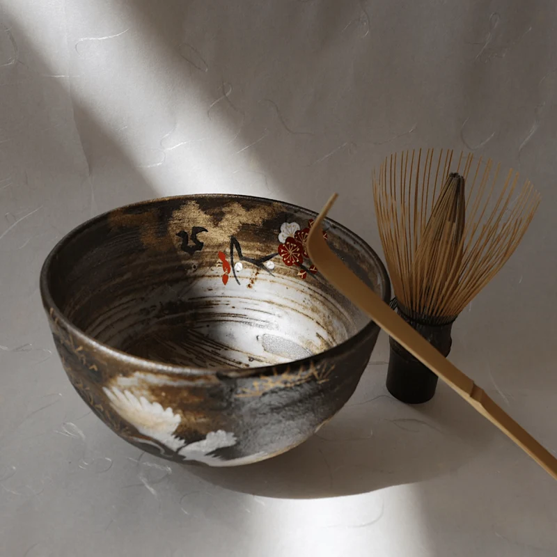 Handgefertigte „Tsuru“ Kyoyaki Matcha-Schale