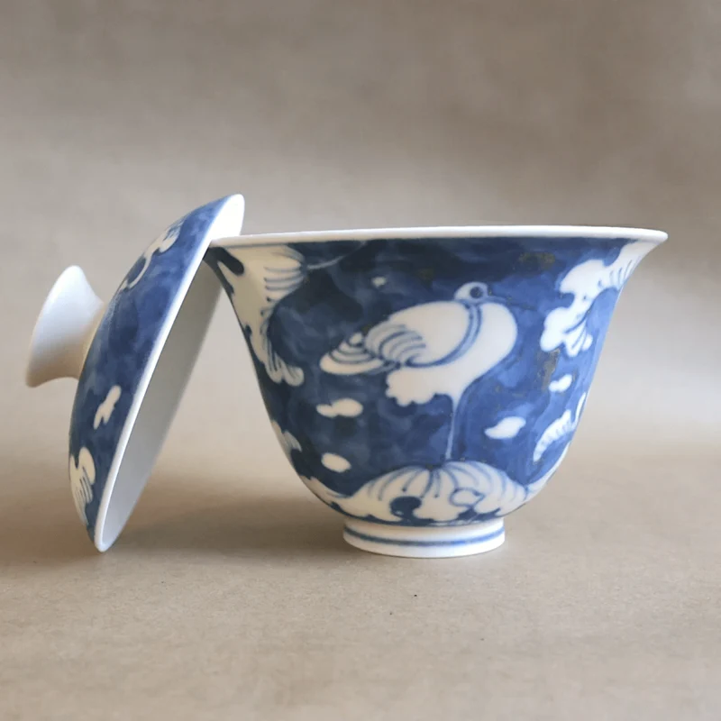 Jingdezhen Handbemalte „Oststörche“ Qinghua Gaiwan