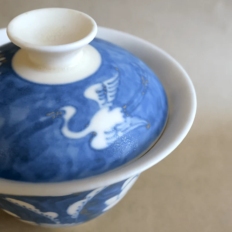 Jingdezhen Handbemalte „Oststörche“ Qinghua Gaiwan