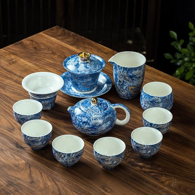 Azure Dragon Reverie – Komplettes Premium-Porzellan-Teeset mit Teekanne und Gaiwan