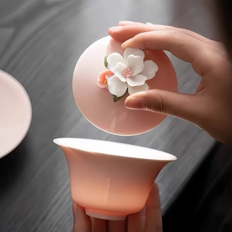 Handgefertigter rosa Gaiwan mit Blumenmuster in Geschenkbox