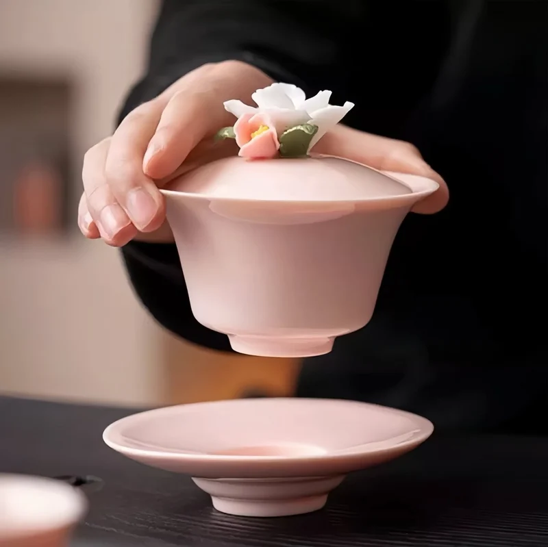 Handgefertigter rosa Gaiwan mit Blumenmuster in Geschenkbox