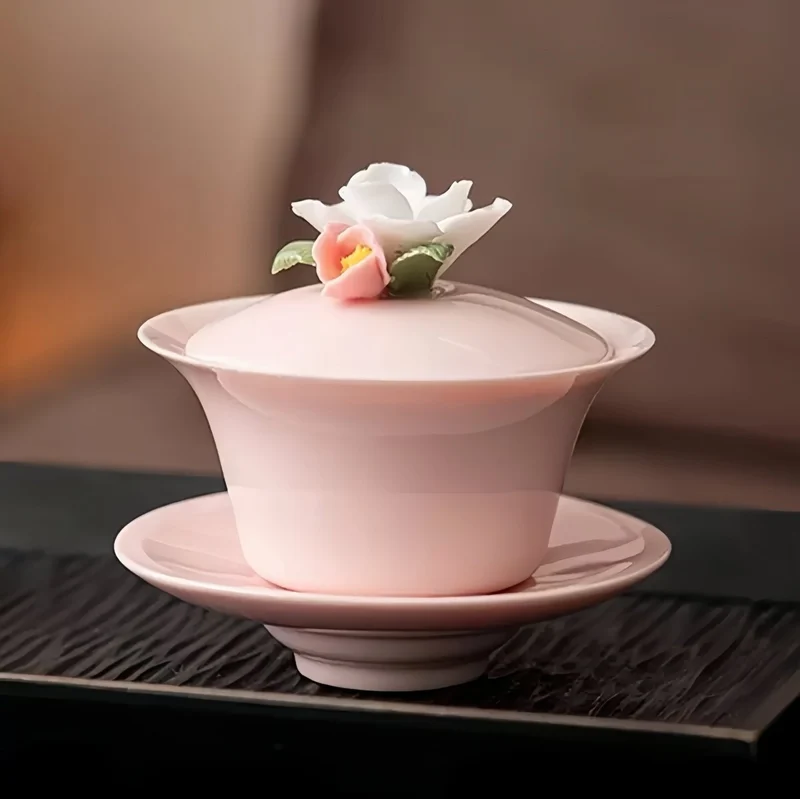 Handgefertigter rosa Gaiwan mit Blumenmuster in Geschenkbox