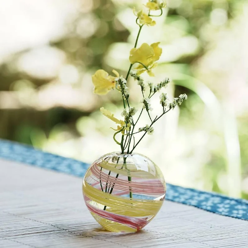 Aderia Pink & Yellow Glass Temari Ball Small Flower Vase 65mm