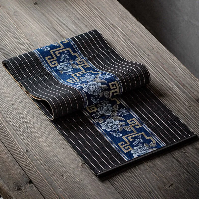 Elegante schwarze Bambus-Teematte (Tischläufer) mit Brokat-Mitte