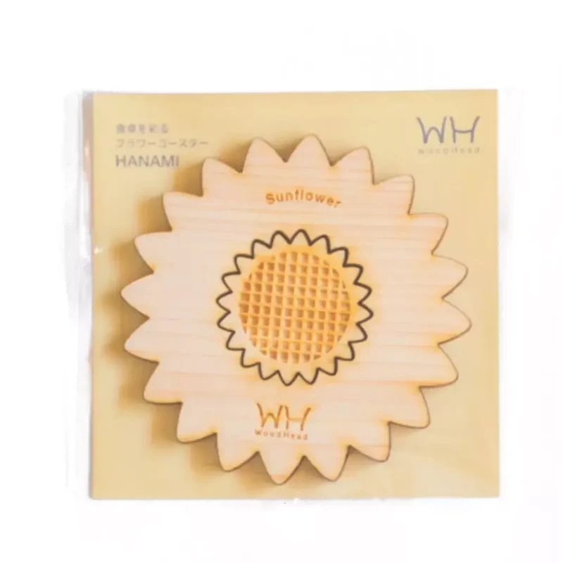 Hinoki Cypress Coaster Natural Wood Sunflower Design 90mm
